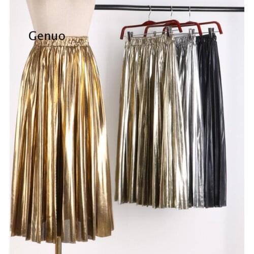 Suede Metallic Skirt Gold Silver Long Striped Elasticity Pleated Skirts Womens Saias Faldas Vintage Women Party Punk Club Skirt
