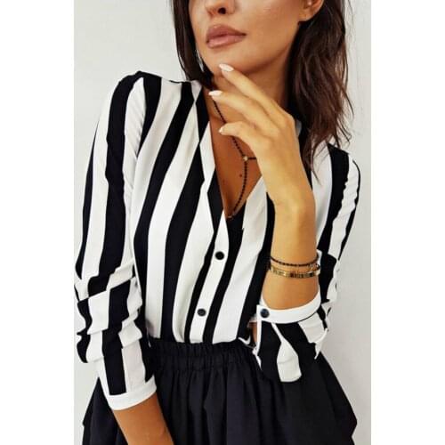 Ladies Striped V-Neck Button Loose Long Sleeve Fashion Shirt Spring Autumn Casual Stylish Streetwear Office Lady Top Hot Sale