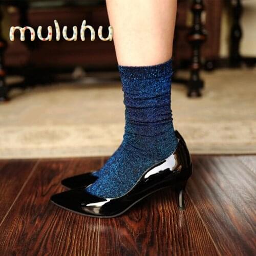 Muluhu New Embroidery Glitter Socks Women Fashion Casual Solid Socking Spandex Silver Gold Silk Colorful Shining Sox Shiny Socks