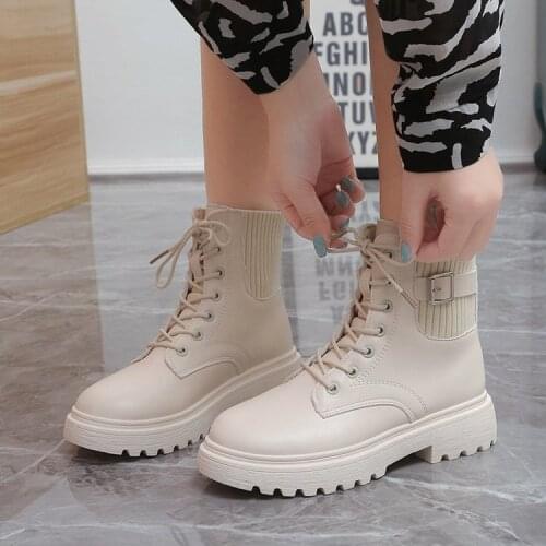 New White Black PU Leather Ankle Boots Women Autumn Winter Round Toe Lace Up Shoes Woman Fashion Motorcycle Platform Botas
