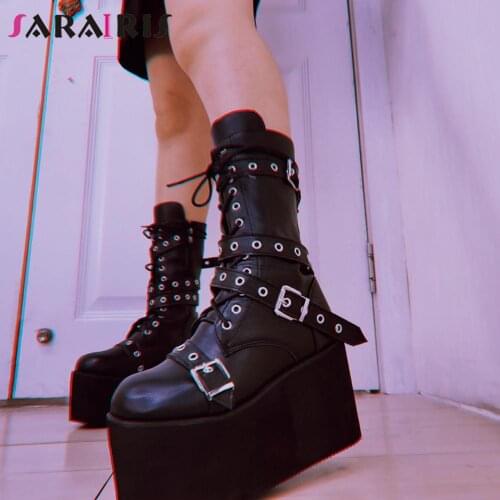 SaraIris Big Size 43 Womenboots Black Lace Up Buckle Round Toe Wedges Platform Boots Punk Goth INS Women Street Shoes