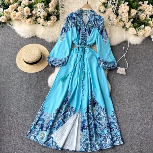Womens Spring Summer Runway Fashion Long Sleeve Vintage Print Dress Female Travel Chic Party Beach Dress TB1785