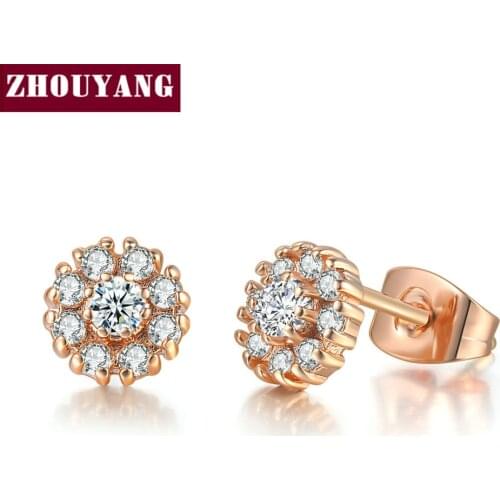 ZHOUYANG Stud Earring For Women Sweet Flower Cubic Zirconia Rose Gold Silver Color Birthday Gift Fashion Jewelry E807 E852