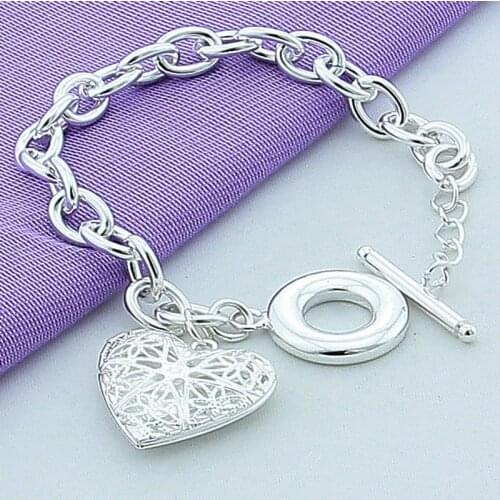 Women Silver Link Chain Bracelet 925 Sterling Silver Simple Fashion Hollow Heart Charm Bracelet Female Wedding Jewelry Gift