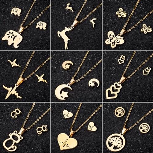 Jisensp Stainless Steel Jewelry Necklace for Women Fashion Heartbeart Elephant Cat Pendants Necklaces Choker collier femme 2020