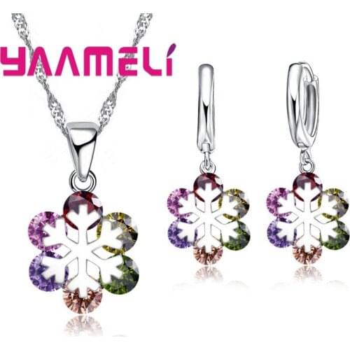 Elegant 925 Sterling Silver Colorful Flower Shape Pendant Necklace Earrings Suit For Women Girls Wedding Engagement Anniversary
