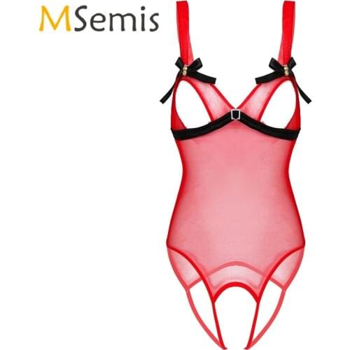 Women Christmas See Through Leotard Bodysuit One-piece Mesh Lingerie Deep V Neck Shoulder Straps Open Cup High Leg Cut Jumpsuit