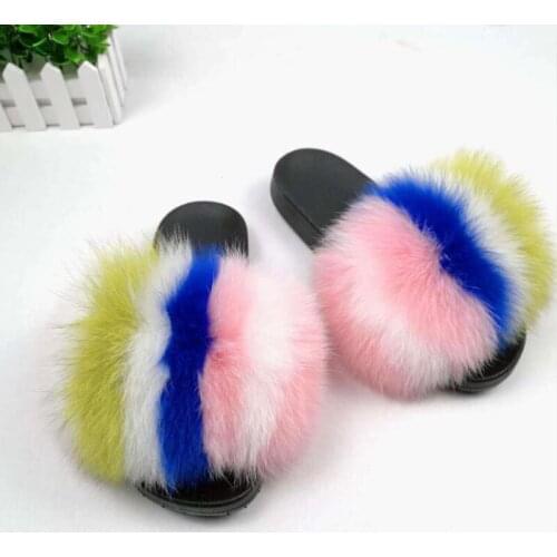Winter womens furry slippers real fox fur slippers girls indoor fluffy home slippers house casual floor shoes, beach shoes