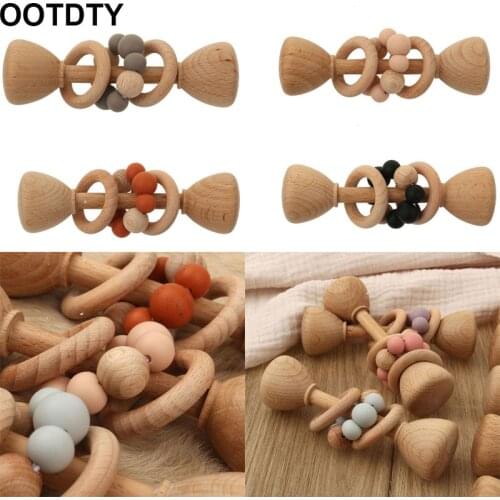 1pc Baby Teether Wooden Music Rattle BPA Free Wooden Gym Ring Rodent Silicone Beads Newborn Educational Montessori Toys