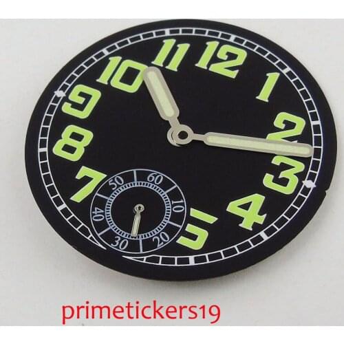 35mm black dial green marks watch dial fit for ETA 6498 ST3620 hand winding movement