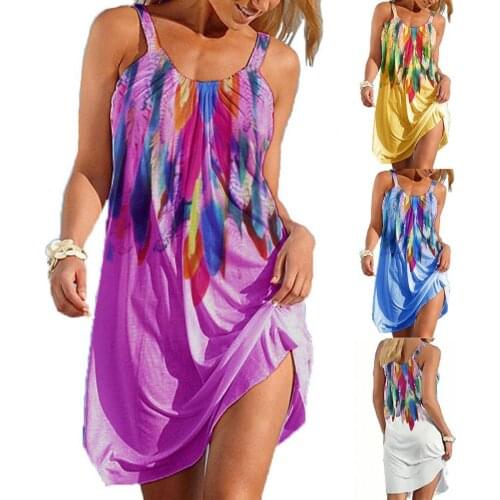 50% Hot Sales Women Feather Printing Sling Sleeveless U-neck Off Shoulder Mini Dress Sundress for Beach