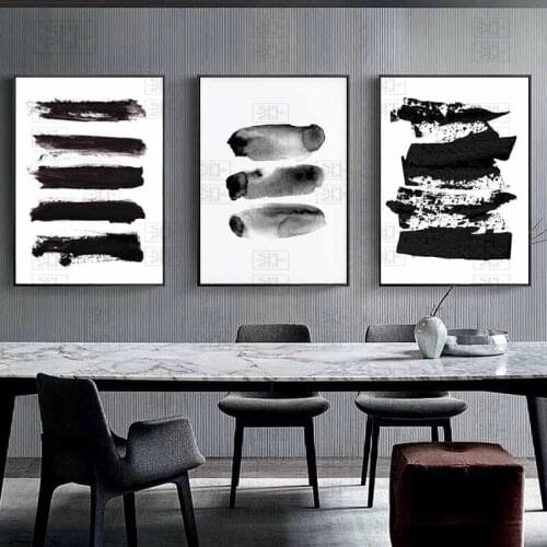 Abstract Canvas Painting Black White Wall Art Minimalist Brush Strokes Poster Watercolor Pictures for Living Room Decor