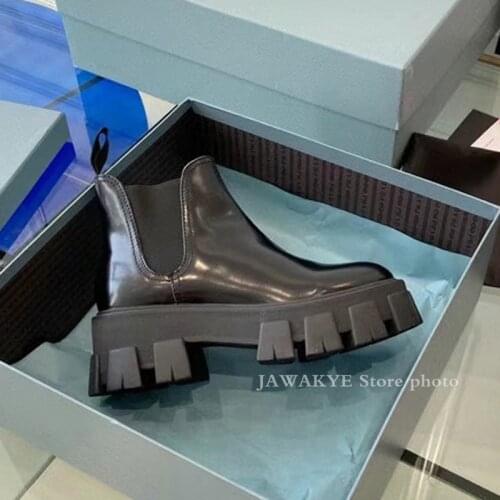 Round toe Chunky Heel Elastic Slip on Leather Boots Women fashion Brand Ankle boots Autumn Winter Motocrycle boots Botas Mujer