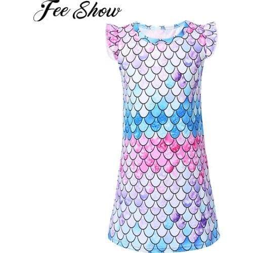 Kids Girls One Piece Cotton Nightgown Sleepwear Flutter Sleeves Fish Scales Printed Knee Length Pajamas Dress Children Nightwear