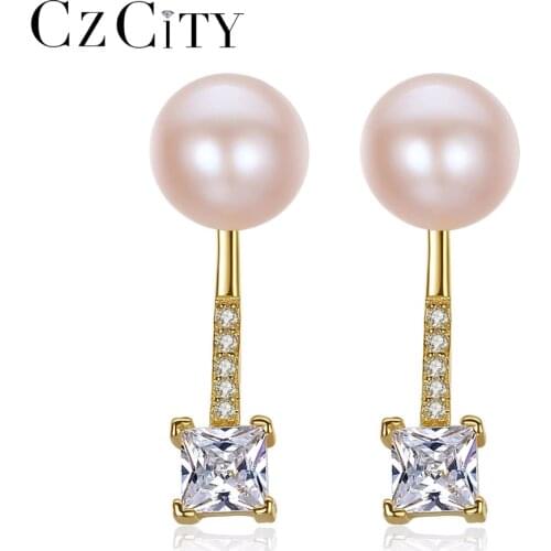 CZCITY Elegant Square Zircon Natural Pearl Earrings for Women 2 Colors Detachable Geometry Pearl Earrings Silver 925 Jewelry