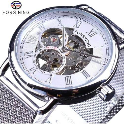 Forsining 2019 White Silver Mechanical Wristwatches for Men Fashion Silver Mesh Band Waterproof Hook Buckle Design Clock Male