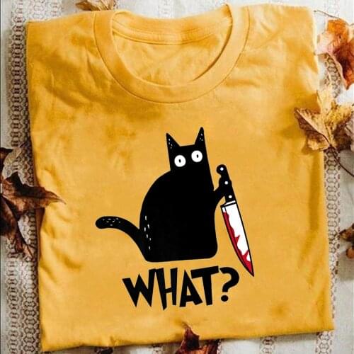 Cat What T Shirt Murderous Cat With Knife Funny T Shirts Halloween Gift Unisex T Shirt 2021 Summer cotton t-shirts for men women