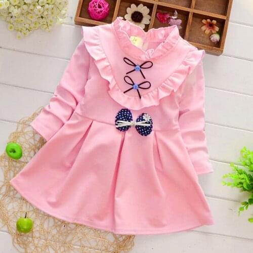 Teenager girls high collar cotton dress long sleeve autumn winter pink red cotton dress for girls clothes Ruffled bow dress