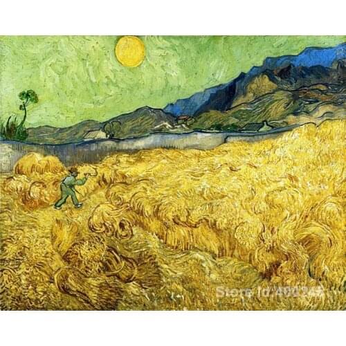Hand painting art Wheat Field with Reaper and Sun of Vincent Van Gogh reproduction oil Canvas Handmade High quality