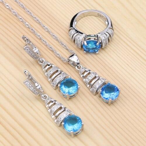 925 Silver Jewelry Sets For Women Sky Blue Natural stones Party Accessories Silver Pendant Necklace Ring Earrings Set