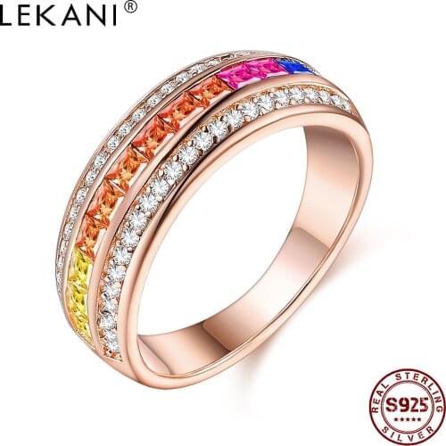 LEKANI Rainbow Rings For Women 925 Sterling Silver 2 Circles Small White And 1 Circle Colored Zircons Wide Rings Elegant Jewelry