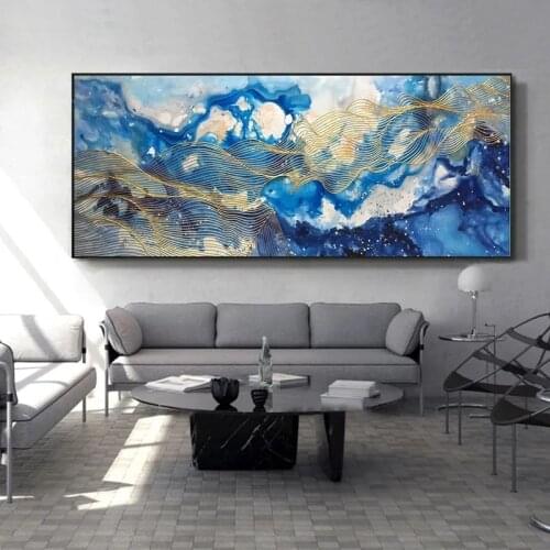 Wall Art Pictures Handmade Painting on Canvas Gold Lines Blue Picture Gold Art Acrylic Texture Decorative Abstract Wall Painting