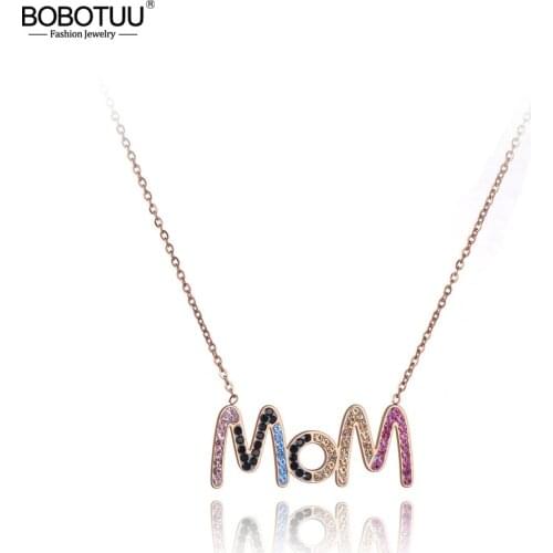 BOBOTUU Titanium Steel Colorful CZ Crystal MOM Choker Necklaces For Women Trendy Rose Gold Charm Pendant Necklace BN19184