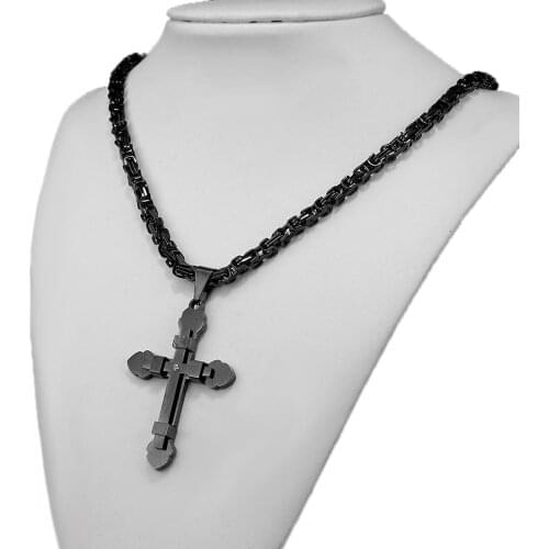 Jesus Crucifix Pendant Cross Necklace for Men Women Punk Black Colors Stainless Steel Byzantine Chain Christian Baptism Jewelry