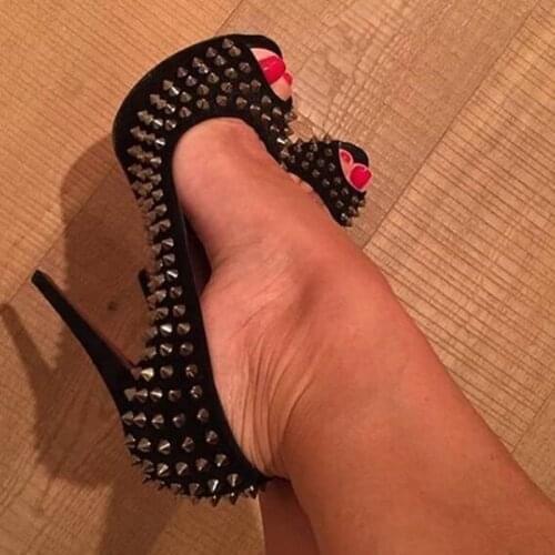 Sexy Platform Rivets High Heel Pumps Open Toe Stiletto Heels Full Spikes Studded Dress Shoes Patent Leather Wedding Party Shoes