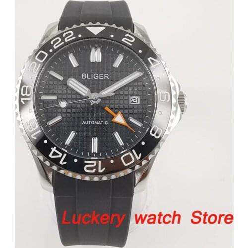 Bliger 41mm luxury GMT watch black dial saphire glass；Rubber strap spin bezel GMT Automatic movement mens watches