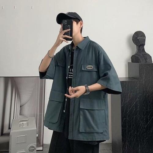 Shirts for Men Loose Hip-hop New 2021 Student Youth Three Quarter Youthful Vitality Campus Summer Casual Shirts Solid Men Shirt