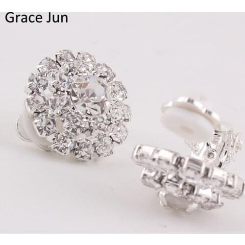 Grace Jun New Arrival Double Round Rhinestone Clip on Earring No Pierced for Women Party Charm Fine Jewelry Bijouterie