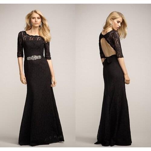 Sexy backless black lace Long evening dress 2015 new Custom made high quality handmade exqusite elegant sleeves crystal belt