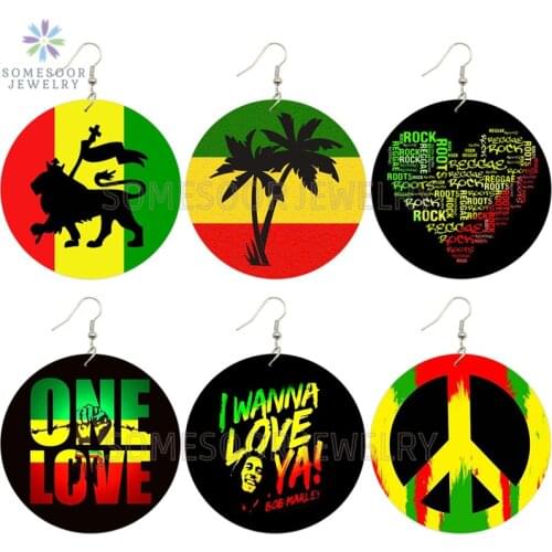 SOMESOOR One Love YA Africa Colors Wooden Drop Earrings Peace Symbol Lion Black Rock Sayings Afro Power Dangle For Women Gifts