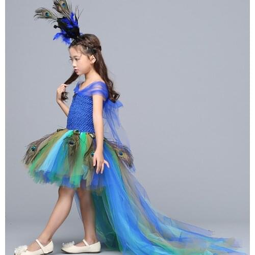 Peacock Kids Girls Party Dresses with Long Tail Tulle Peacock Feather Toddler Baby Girls Party Clothes for Birthday Photograph