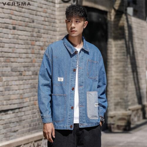 VERSMA Spring Autumn Korean Biker Denim Jacket Coat Men Cotton Casual Pocket Design Chinese Style Denim Shirt Male Dropshipping