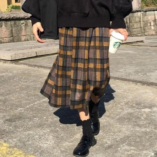 Vintage Wool Pleated Plaid Skirt Women High Waist Plus Size Long Skirt 2020 Autumn Winter Harajuku Female Party Skirt Streetwear