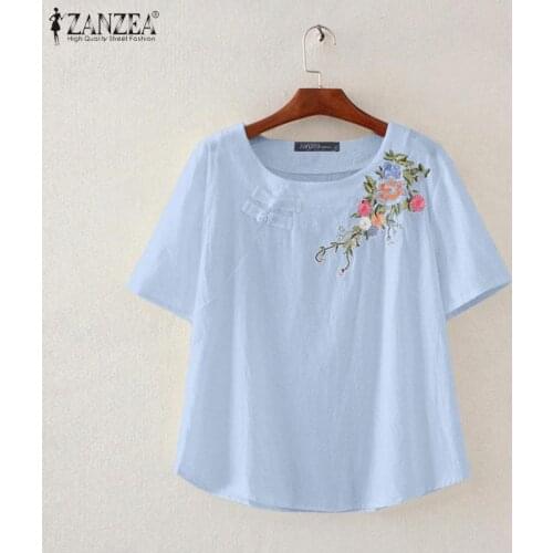 ZANZEA Vintage Women Embroidery Blouse 2021 Summer Elegant Cotton Tops Casual Solid Short Sleeve Button Up Blusas