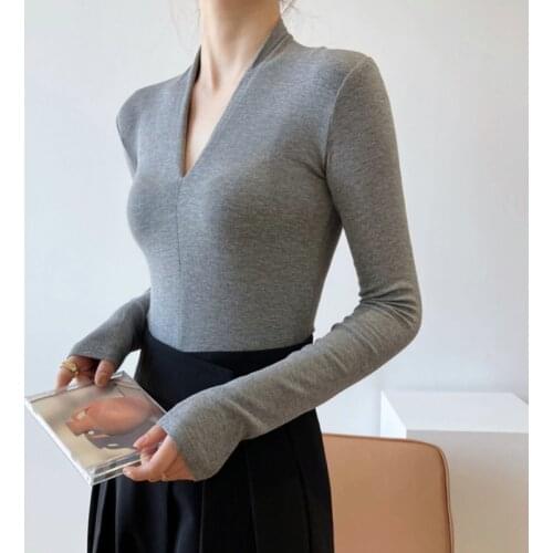 2021 Spring Woman Sexy V Neck Long Sleeve T-shirts Women Solid Color Slim Rib Knit T-shirt Elegant Female Tops Bottoming Shirt