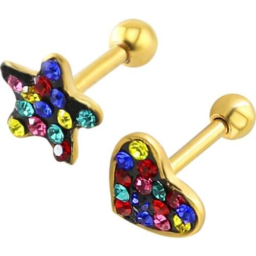 Star heart gold color rhinestone crystal earrings stainless steel double sided earrings gold earrings women ear stud ohrringe