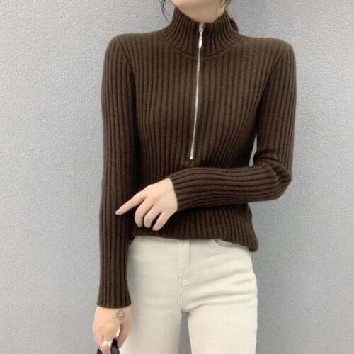 2021 Women Autumn Winter Elegant Zipper Knitted Jumper Lady Solid Mock Neck Long Sleeve Pullover Female Casual Slim Sweater H440