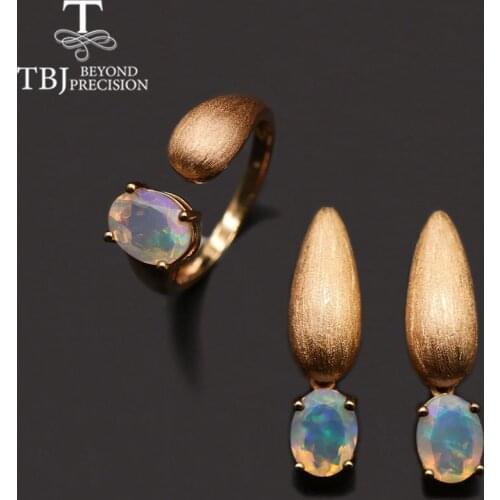 TBJ,2021 New Natural Ethiopia Opal oval 6*8mm Ring and earring Jewelry Set 925 sterling silver fine jewelry womens
