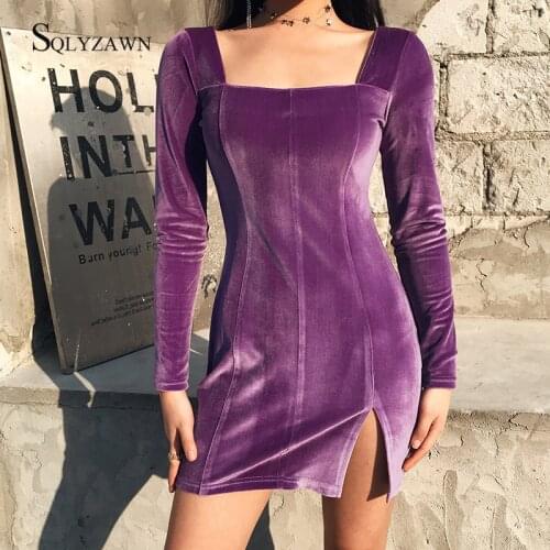 Vintage Velvet Long Sleeve Split Mini Dress Female Korean Spring Fall Velour Purple Red Black Short Vestidos Streetwear Clothes