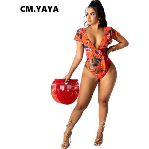 CM.YAYA Women Bodysuit Print Short Sleeve Low V-neck Bandage Bodysuits Sexy Fashion Swimsuit Beachwear Summer Outfit 2021