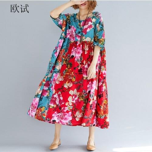 Women Summer Patchwork Ethnic Floral Print Dress Chinese Plus Size Casual Loose Ladies Dresses 4xl 5xl 6xl 2019 New Arrival