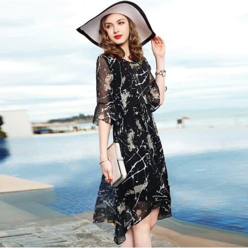 Real 200% Silk Dress Women Summer Beach Dress Midi Floral Print Black Party Dresses Elegant Vestidos De Festa LWL299299