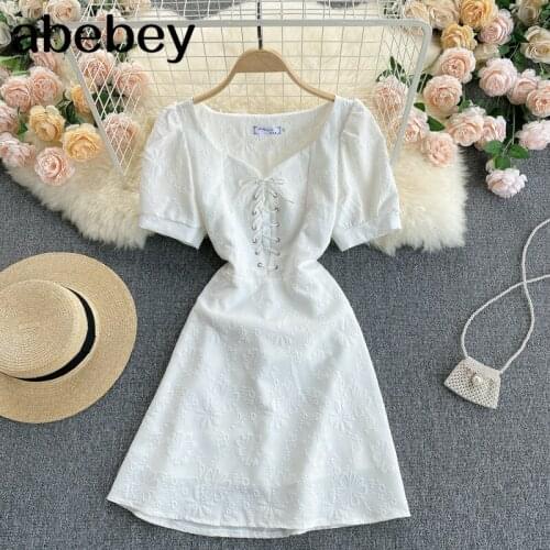 Women Solid Dress Korean Puff Sleeve V Neck A Line Party Dresses Summer Drawstring Ruched White Short Dress