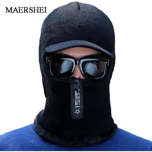 2020 Winter Hats for men Knitted Hat With Zipper Add Fur Lined Warm Brim Winter Hats For Men Keep Face Ear Warm Balaclava Cap