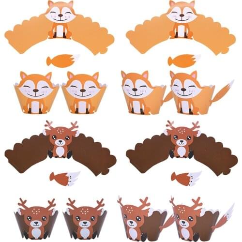 12pcs Cute Animal Lovely Fox Deer Monkey Cupcake Wrappers Shower Forest Party Supplies Birthday Party Cake Decorations Kids Baby