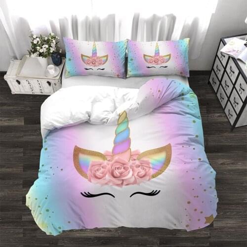 Golden Cartoon Unicorn Bedding Set With Flowers Cute Colorful Duvet Cover Pillow Case Kid Room For Birthday Gift Bedclothes 3PCS